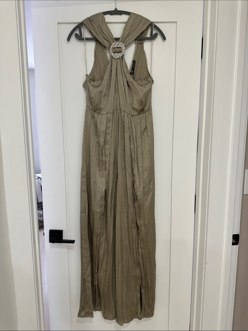 Elegant Taupe Pleated Halter Maxi Dress